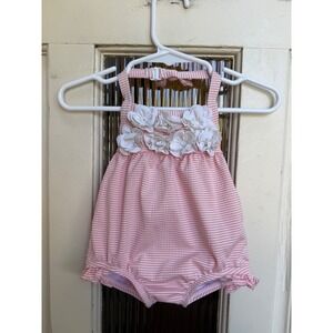 Janie and Jack Baby Girls Pink Seersucker Floral Stripe Swimsuit Size 3-6 Months